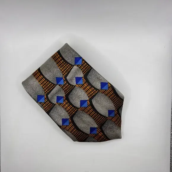 Muroya - Men’s Tie-58” Long-Gray Black Orange Modern Geometric Design - Silk-USA - Picture 4 of 7